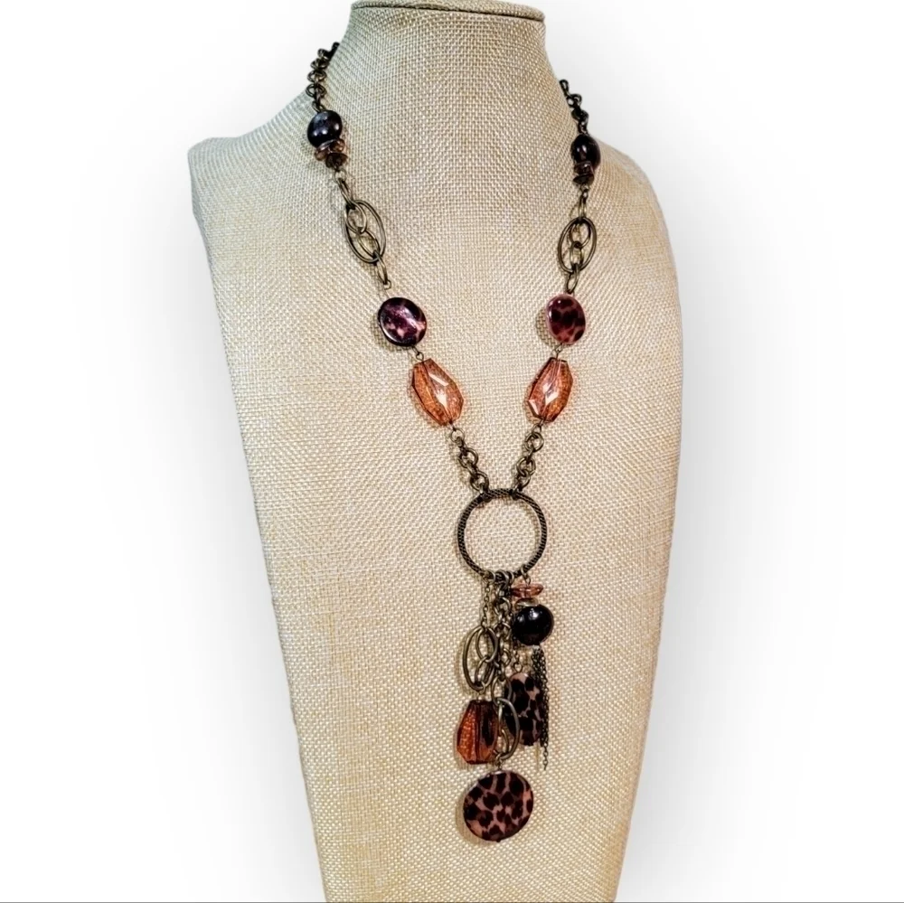 Antique Bronze Metal Statement Necklace with Amber beads and Chain Tassels Boho